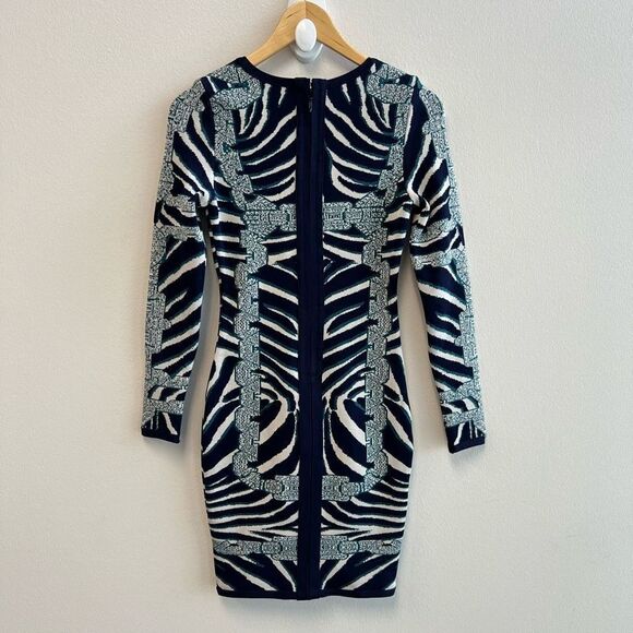 Long Sleeve Mini Dress Size S Knit Zebra Chain Black Blue Stretch Animal Print - Picture 6 of 11